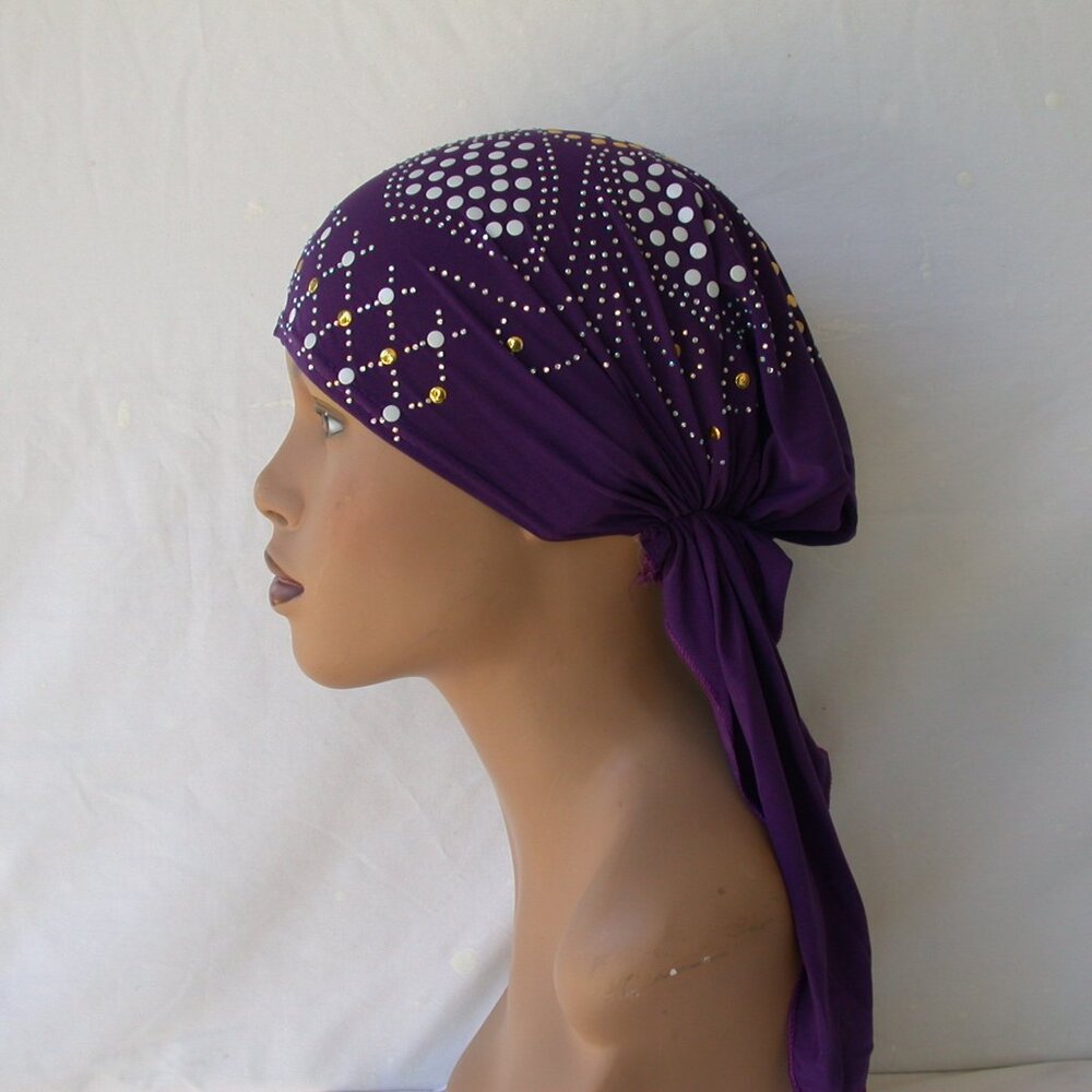 PURPLE Pre-Tied Stud Chemo Cap Slip On Bonnet Hijab Undercap #4